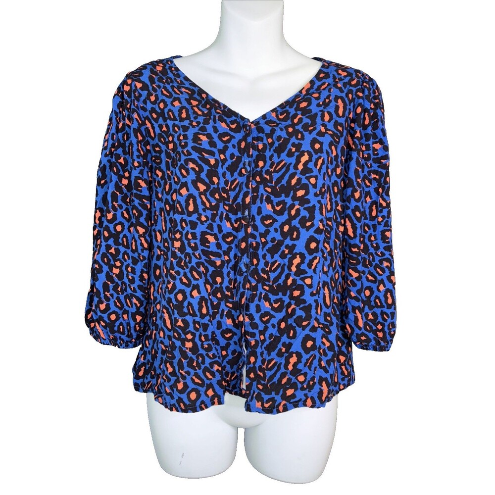 Vtg 80s 90s Esprit Peasant Top Medium Blue Neon Leopard Light Casual Boho Rave